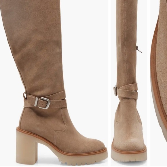 NWT Free People Jasper OTK Boots Suede Tan Block Heel Buckle Strap Boots - Picture 3 of 8